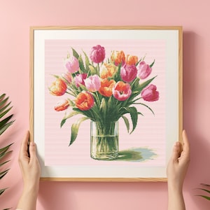 Tulp kruissteekpatroon PDF | Bloem xStitch geteld diagram | Tulpbloemen in een glazen pot steekpatroon | Patroon direct downloaden