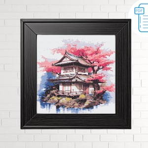 Japanese House Cross Stitch Pattern: Floral Embroidery (PDF Pattern)