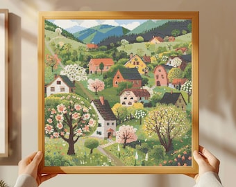 Village Houses Cross Stitch Pattern: Rustic Town Landscape (PDF)