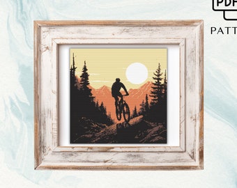 Radfahrer Berg Kreuzstichmuster: Sonnenuntergang Abenteuer (PDF)