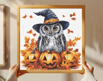 Halloween Hexe Eule Kreuzstichmuster: Gruselige moderne Karte (PDF)