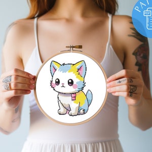 Adorable patrón de punto de cruz - Kawaii Cat Delight, mini gráficos digitales de bordado divertidos