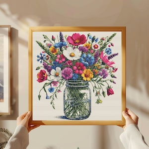 Wilde bloem in pot kruissteekpatroon PDF | Wilde bloemen xsteek geteld Grafiek | Bloemen kruissteek | Moderne xstitch-grafiek