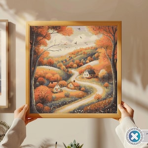Autumn Forest Village houses Cottage cross stitch pattern | Modern Fall Cross Stitch | Landscape cross stitch | Autumn xstitch chart