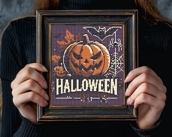 Schema punto croce per zucca di Halloween spettrale: design autunnale gotico (PDF)