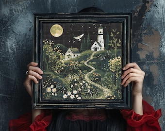 Village Houses at Night Cross Stitch Pattern: Landscape Town (PDF)