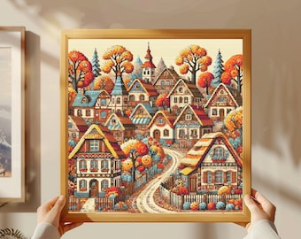 Herbst Dorf Häuser Kreuzstich Muster: Landschaft Kleinstadt (PDF Download)