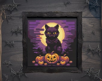 Kruissteekpatroon Halloween-kat: gotisch herfstborduurwerk (pdf)