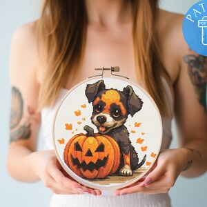 Cute Halloween Dog and Pumpkin Cross Stitch Pattern PDF | Autumn x-stitch Design | Gothic Embroidery | Digital Chart