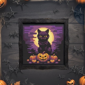 Halloween Cat and Pumpkin Cross Stitch Pattern PDF | Autumn x-stitch Design | Gothic Embroidery | Digital Chart