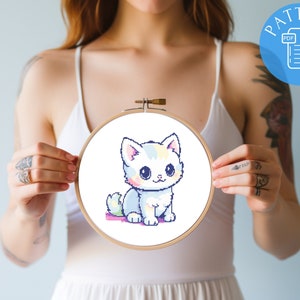 Lindo Kawaii Cat Cross Stitch Pattern PDF, mini gráficos digitales de bordado divertidos