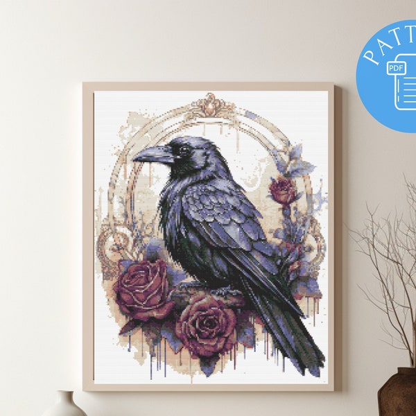 Watercolor Raven and Roses Cross Stitch Pattern, Modern Halloween x-stitch PDF Pattern, Gothic Digital Design, Animal Chart