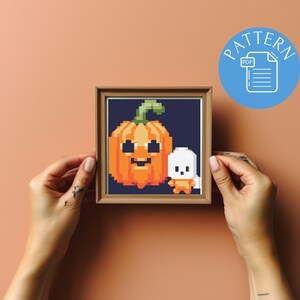 Halloween Ghost with Pumpkin Cross Stitch Pattern PDF | Autumn x-stitch Design | Gothic Embroidery | Digital Chart