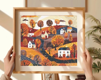 Autumn Village Cross Stitch Pattern: Landscape Town Design (PDF Download)