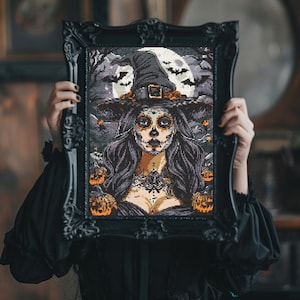 Witch Cross Stitch Pattern | Modern Halloween Witch X-Stitch | Spooky Halloween cross stitch counted chart | Digital Cross Stitch