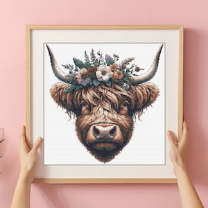 Highland Cow Cross Stitch Chart: Floral Crown, Farm Animal (PDF Pattern)