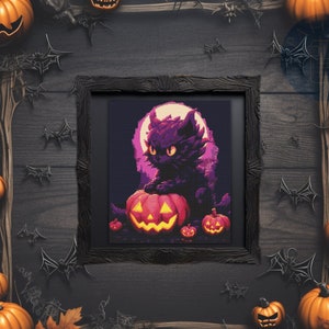 Halloween Cat and Pumpkin Cross Stitch Pattern PDF | Autumn x-stitch Design | Gothic Embroidery | Digital Chart