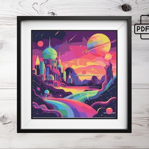 May include: A colorful digital painting of a fantasy city with a rainbow road leading to a large building with a dome. The city is set against a pink and purple sky with a large planet in the background.