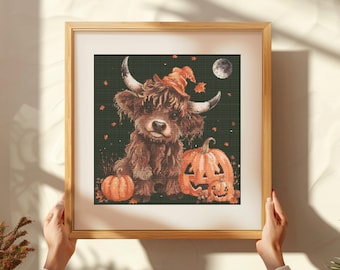 Halloween Highland Cow Cross Stitch Pattern: Autumn Festive Design (PDF)