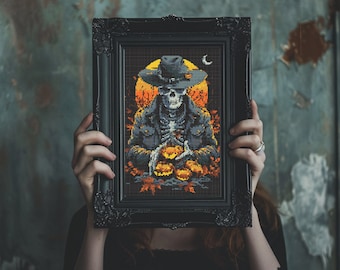 Halloween Skeleton with Pumpkins Cross Stitch Pattern (PDF)