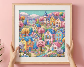 Village Houses Cross Stitch Pattern: Rustic Town Landscape (PDF)