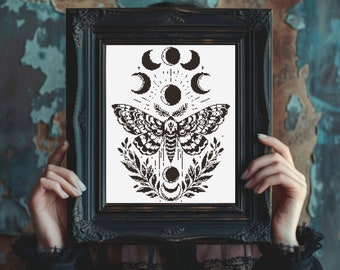 Death Head Moth Cross Stitch Pattern PDF | Gothic Floral Moth Cross Stitch Chart | Dark Insect modern counted chart | Witchy, Witchcraft