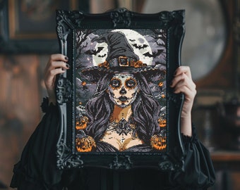 Witch Cross Stitch Pattern | Modern Halloween Witch X-Stitch | Spooky Halloween cross stitch counted chart | Digital Cross Stitch