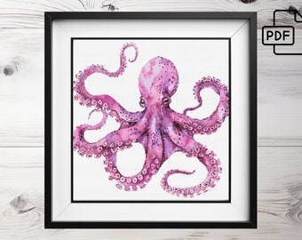 Pink Octopus Cross Stitch Pattern: Watercolor Animal Chart (PDF Pattern)
