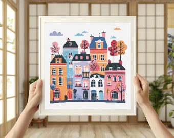 Folk Art Town Cross Stitch Pattern: Colorful Village Design (PDF Pattern)