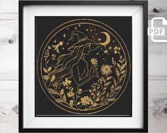 Gold Witch  Cross Stitch Pattern | Gothic xstitch | Spooky Dark Chart | Creepy Xstitch PDF |  Digital Cross Stitch Pattern PDF