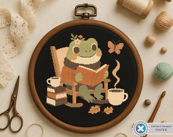 Cozy Reading Frog Cross Stitch Pattern: Autumn Books & Coffee (PDF Download)