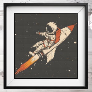 ロケットに乗った宇宙飛行士のクロスステッチ パターン PDF、コスモス x-クロスステッチ、即時ダウンロード PDF、カウント クロスステッチ、クロスステッチ チャート