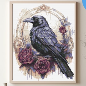 May include: A black raven with purple hues perched on a branch with three red roses. The raven is surrounded by a decorative, ornate frame with a white background.