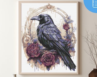May include: A black raven with purple hues perched on a branch with three red roses. The raven is surrounded by a decorative, ornate frame with a white background.
