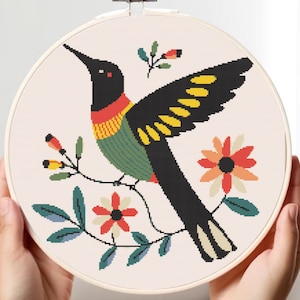 Volkskunst Kolibri und Blumen Kreuzstichmuster pdf | Kreuzstichvorlage Tiere | Handgemachte botanische Kreuzstichkarte | sofort download