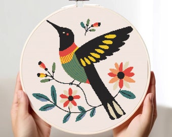 Folk Art Hummingbird Cross Stitch Pattern: Botanical Animal Chart (PDF)