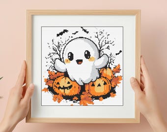 Korsstygnsmönster med spöken och pumpor: Halloween-höstdesign (PDF)