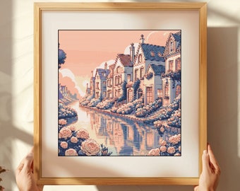 Village Cross Stitch Pattern: Folk Art Houses (Digital Pattern)