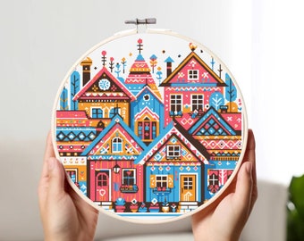Folk Art Town Cross Stitch Pattern: Colorful Village Design (PDF Pattern)