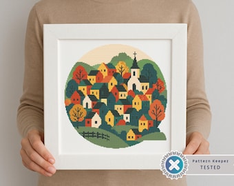 Folk Art Village Cross Stitch Pattern: Modern Town Landscape (PDF)