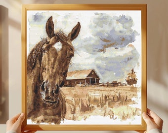 Horse Farm Landscape Cross Stitch Pattern: Western Design (PDF)