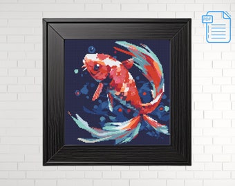 鯉の池のクロスステッチ図案 PDF ダウンロード、鯉のクロスステッチ