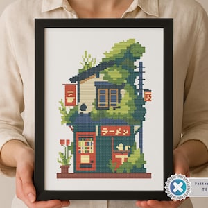 Japanese Ramen Shop Pixel Art Cross Stitch Pattern: Modern Embroidery (PDF Download)