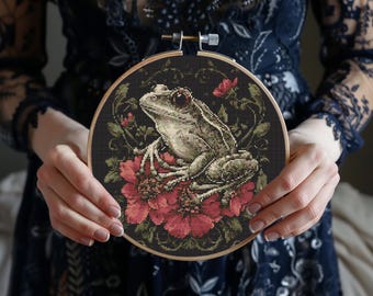 Gothic Frog Cross Stitch Pattern: Floral Dark Design (PDF Download)
