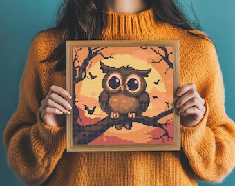 Halloween Owl Cross Stitch Pattern PDF | Pumpkin Owl xstitch counted chart | Halloween cross stitch | Autumn Pattern