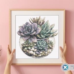 Botanisches Glas Kreuzstichmuster PDF | Blumen Kreuzstich | Blumenmuster in Kreuzstichvorlage Sukkulenten Kreuzstichmuster | Natur