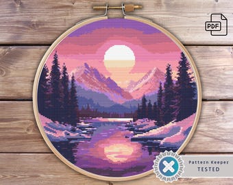 Sunset Mountain River Cross Stitch Pattern: Winter Landscape (PDF Instant Download)