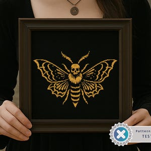 Gold Gothic Moth Cross Stitch Pattern PDF | Floral Moth Cross Stitch Chart | Dark Insect modern counted chart | Witchy, Witchcraft, PDF