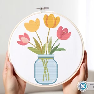 Tulip Cross Stitch Pattern: Flowers in Jar (PDF Pattern)