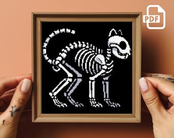 Cat Skeleton Cross Stitch Pattern: Gothic Halloween Design (PDF Pattern)
